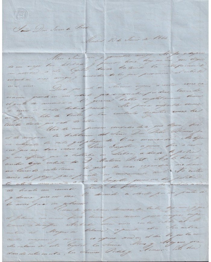 PREFI-811 ESPAÑA SPAIN 1846 MADRID COVER TO CUBA “CORREO MARTIMO Nº3” BLUE POSTMARK.