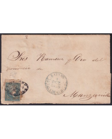 1857-H-384 CUBA ANTILLES 1857 ½ r WITHOUT WATERMARK POSITION I-9. COVER WITH BAEZA BAYAMO GREEN TO MANZANILLO.
