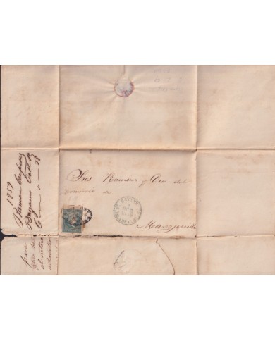 1857-H-384 CUBA ANTILLES 1857 ½ r WITHOUT WATERMARK POSITION I-9. COVER WITH BAEZA BAYAMO GREEN TO MANZANILLO.