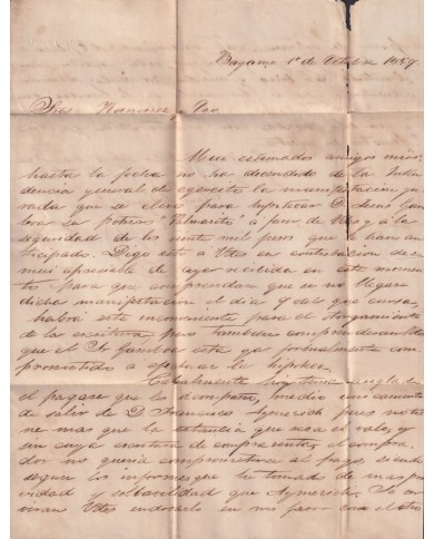 1857-H-384 CUBA ANTILLES 1857 ½ r WITHOUT WATERMARK POSITION I-9. COVER WITH BAEZA BAYAMO GREEN TO MANZANILLO.