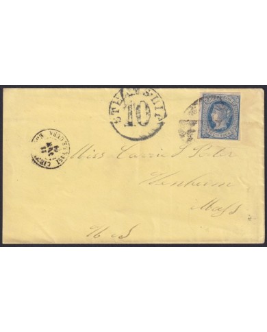 1866-H-40 CUBA ANTILLES 1866 10c ISABEL II CIENFUEGOS TO NEW YORK WITH STEAMSHIP POSTMARK.