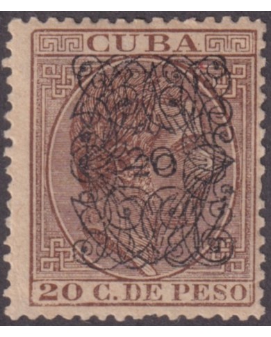 1883-240 CUBA 1883 ALFONSO XIII 20c ARAÑAS ORIGINAL  100% ERROR DOBLE HABILITACION CERTIFICADO DE EXPERTIZACION FH.