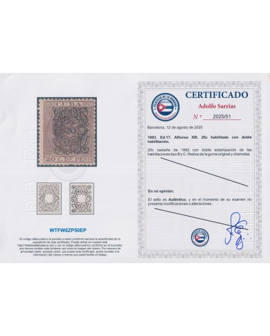 1883-240 CUBA 1883 ALFONSO XIII 20c ARAÑAS ORIGINAL  100% ERROR DOBLE HABILITACION CERTIFICADO DE EXPERTIZACION FH.