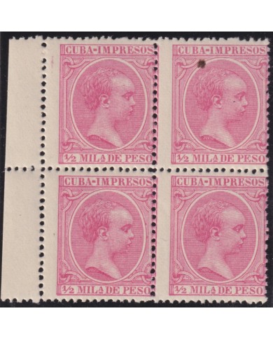 1894-164 CUBA ESPAÑA SPAIN 1894 ALFONSO XIII ½ mls BLOCK 4 MNH. UN SELLO CON PERFORACION.