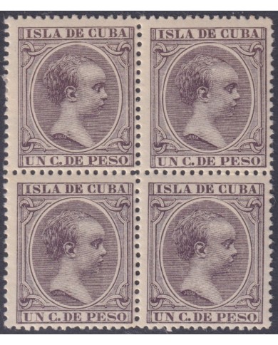 1896-315 CUBA ESPAÑA SPAIN 1896 ALFONSO XIII 1c BLOCK 4 MLH.