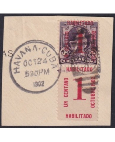 1902-170 CUBA REPUBLICA 1902 1c FRAGMENTO USADO EN PRIMER DIA FDC.