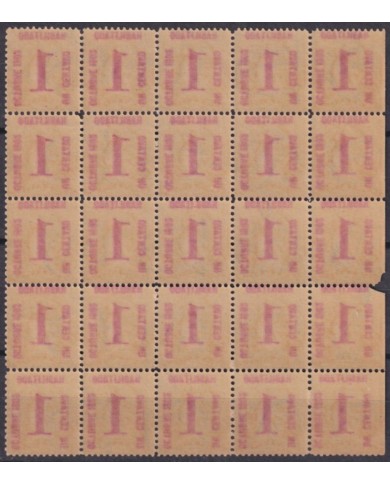 1902-173 CUBA REPUBLICA 1902 1c MNH BLOCK OF 25. ONE STAMP WITH DAMAGE.