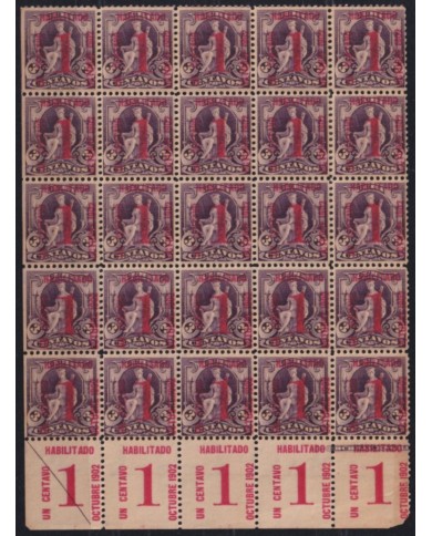 1902-175 CUBA REPUBLICA 1902 1c MNH BLOCK OF 25 CON PIE DE IMPRENTA HABILITADO.