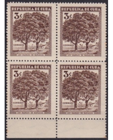 1933-110 CUBA REPUBLICA 1933 MNH 3c MANGOS DE BARAGUA. BLOCK DE 4 CON ERROR AUSENCIA DE PALMA.