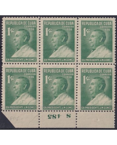 1936-452 CUBA REPUBLICA 1936 MNH 1c PRESIDENT JOSE MIGUEL GOMEZ PLATE NUMBER BLOCK 6.