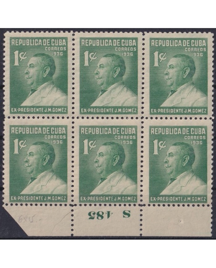1936-452 CUBA REPUBLICA 1936 MNH 1c PRESIDENT JOSE MIGUEL GOMEZ PLATE NUMBER BLOCK 6.