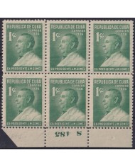 1936-452 CUBA REPUBLICA 1936 MNH 1c PRESIDENT JOSE MIGUEL GOMEZ PLATE NUMBER BLOCK 6.