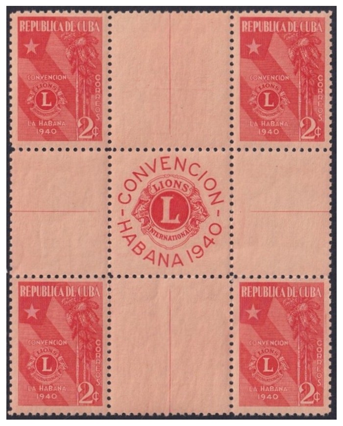 1940-395 CUBA REPUBLICA 1940 MNH LIONS CLUB PALM & CUBAN FLAG CENTER OF SHEET.