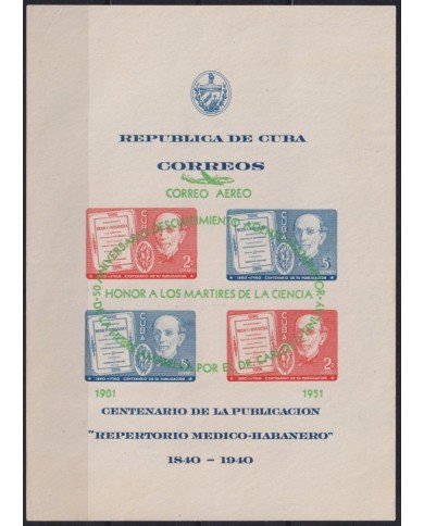 1951-487 CUBA REPUBLICA 1951 NO GUM AIR HF MEDICE CARLOS J. FINLAY OVERPRINT.