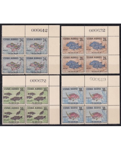 1958-506 CUBA REPUBLICA 1958 MNH FELIPE POEY BLOCK 4 BUTTERFLIES FISH MARIPOSAS PAPILLONS WITH SHEET NUMBERS.