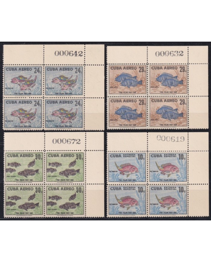 1958-506 CUBA REPUBLICA 1958 MNH FELIPE POEY BLOCK 4 BUTTERFLIES FISH MARIPOSAS PAPILLONS WITH SHEET NUMBERS.