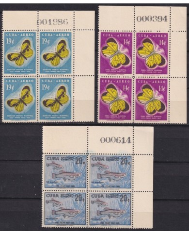 1958-506 CUBA REPUBLICA 1958 MNH FELIPE POEY BLOCK 4 BUTTERFLIES FISH MARIPOSAS PAPILLONS WITH SHEET NUMBERS.
