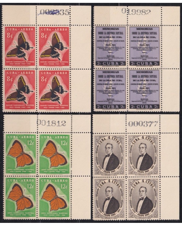 1958-506 CUBA REPUBLICA 1958 MNH FELIPE POEY BLOCK 4 BUTTERFLIES FISH MARIPOSAS PAPILLONS WITH SHEET NUMBERS.