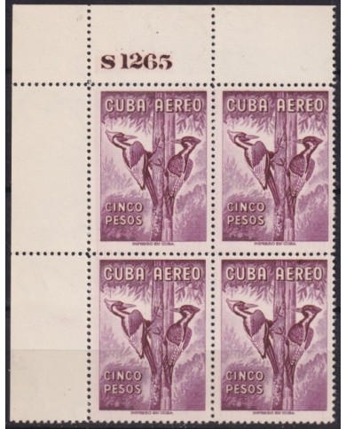 1962.288 CUBA 1962 MNH 5$ BIRD AVES PAJAROS CORNER BLOCK 4 PLATE NUMBERS.