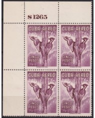 1962.288 CUBA 1962 MNH 5$ BIRD AVES PAJAROS CORNER BLOCK 4 PLATE NUMBERS.