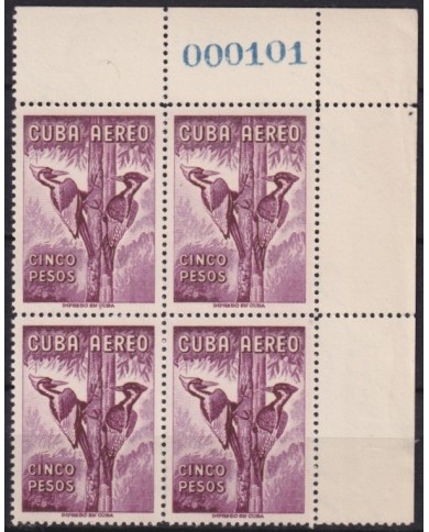 1962.290 CUBA 1962 MNH 5$ BIRD AVES PAJAROS CORNER BLOCK 4 SHEET NUMBERS.