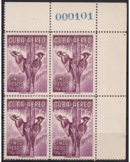 1962.290 CUBA 1962 MNH 5$ BIRD AVES PAJAROS CORNER BLOCK 4 SHEET NUMBERS.