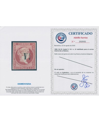 1860-122 CUBA SPAIN 1860 Y ¼ INTERNAL MAIL CORREO INTERIOR WITH AUTENTICITY CERTIFICATE. NO GUM.