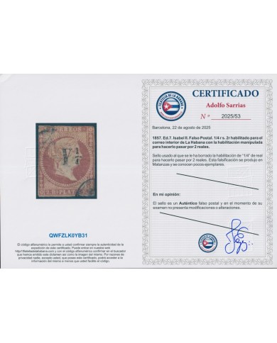 1860-124 CUBA SPAIN 1860 Y ¼ INTERNAL MAIL CORREO INTERIOR WITH AUTENTICITY CERTIFICATE. USED.