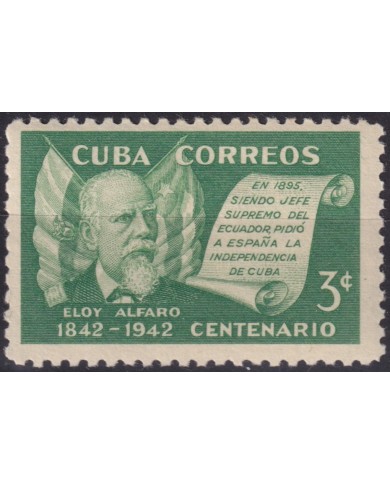 1943-180 CUBA REPUBLICA 1943 MLH 3c PRESIDENT OF ECUADOR ELOY ALFARO.