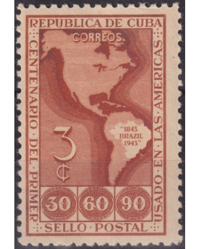 1944-196 CUBA REPUBLICA 1940 MLH 3c CENTENARY OF FIRST AMERICAN STAMPS BRAZIL.