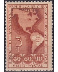1944-196 CUBA REPUBLICA 1940 MLH 3c CENTENARY OF FIRST AMERICAN STAMPS BRAZIL.
