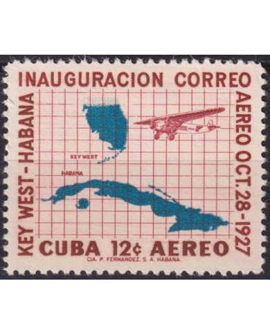 1957-523 CUBA REPUBLICA 1957 MLH 30º ANNIV AIRMAIL SERVICE MAP & AIRPLANE.