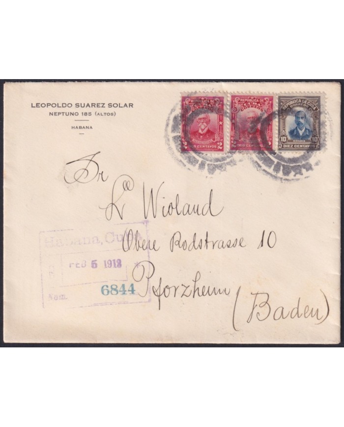 1910-H-113 CUBA REPUBLICA 1910 10c MAYIA RODRIGUEZ + 2c 1913 REGISTERED MAIL HAVANA – GERMANY.