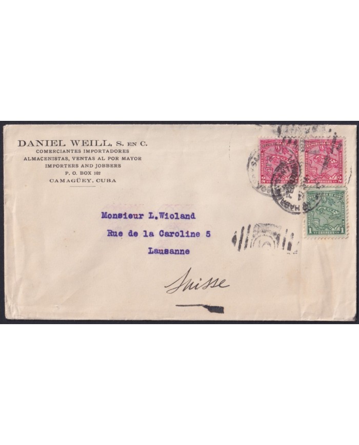 1914-H-121 CUBA REPUBLICA 1914 1-2c MAPITAS RAILROAD POSTMARK TO SWITZERLAND.