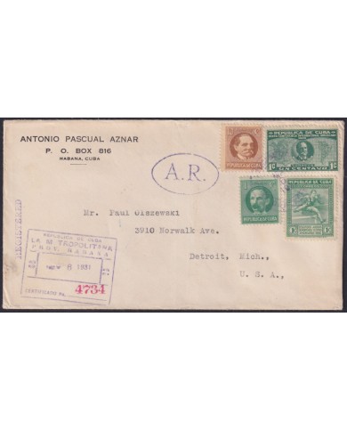 1931-H-118 CUBA REPUBLICA 1931 ACUSE DE RECIBO REGISTERED MAIL HAVANA – USA.