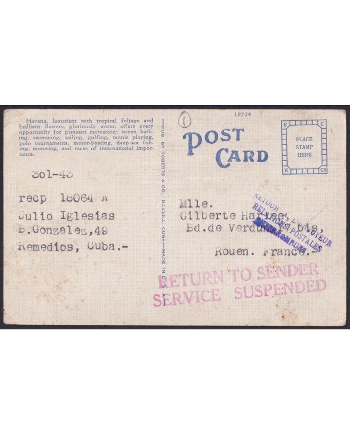 1941-H-32 CUBA REPUBLICA 1941 POSTCARD TO FRANCE WWII RETURN TO SENDER SUSPENDED SERVICE.