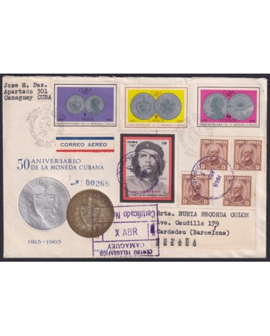 1968-H-16 CUBA 1968 REGISTERED MAIL TO SPAIN. COINS & ERNESTO CHE GUEVARA.
