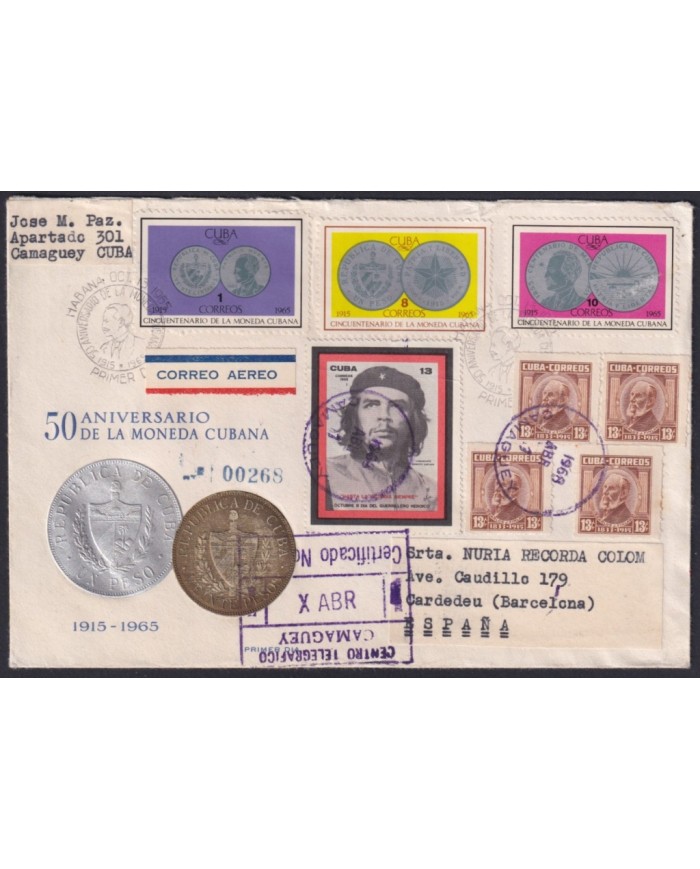 1968-H-16 CUBA 1968 REGISTERED MAIL TO SPAIN. COINS & ERNESTO CHE GUEVARA.