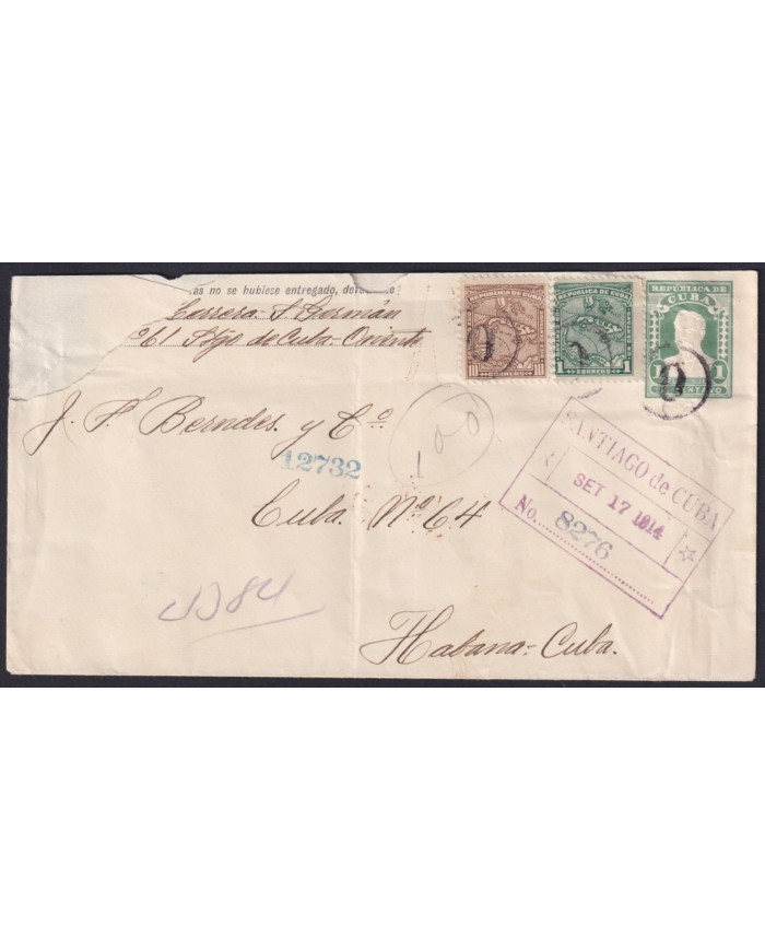 1910-EP-161 CUBA REPUBLICA 1914 1+10c MAPITAS REG POSTAL STATIONERY COVER SANTIAGO – HAVANA.