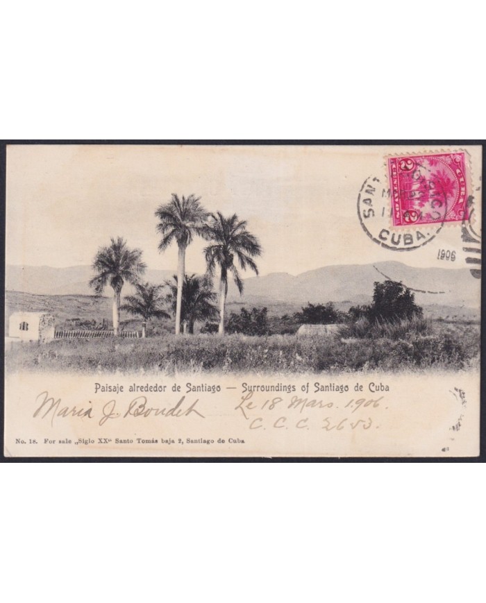 TMA-760 CUBA 1906 2c TCV MAXIM CARD PALM SANTIAGO DE CUBA TO FRANCE.
