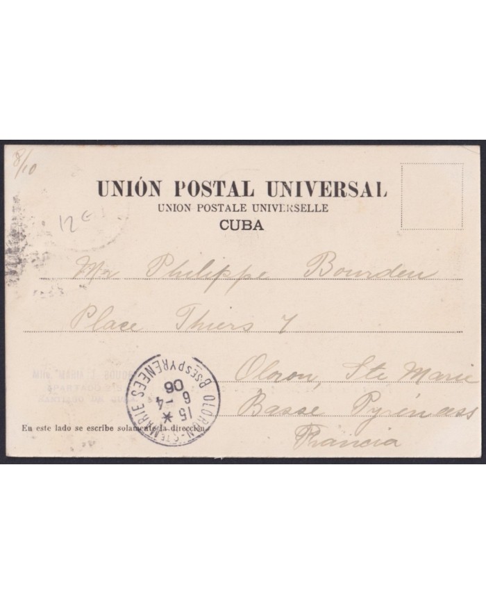 TMA-760 CUBA 1906 2c TCV MAXIM CARD PALM SANTIAGO DE CUBA TO FRANCE.