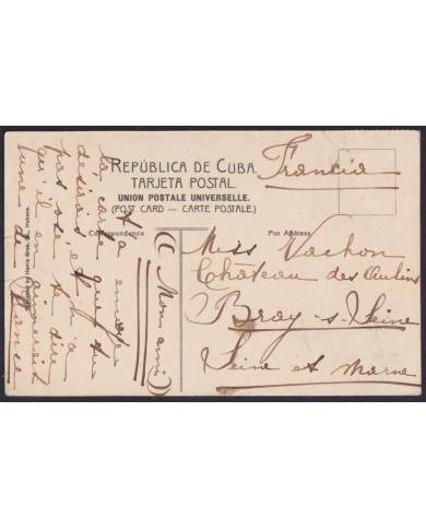 TMA-761 CUBA 1909 2c TCV MAXIM CARD PALM HAVANA TO FRANCE.