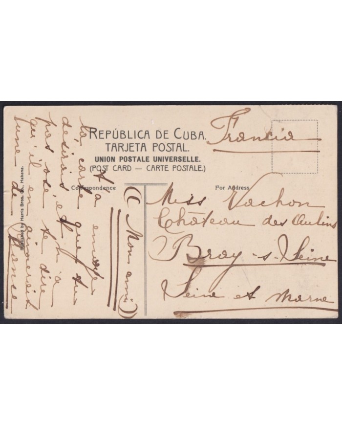 TMA-761 CUBA 1909 2c TCV MAXIM CARD PALM HAVANA TO FRANCE.