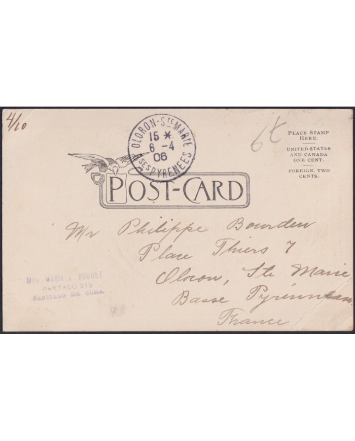 TMA-769 CUBA 1906 2c TCV MAXIM CARD PALM SANTIAGO DE CUBA TO FRANCE. PEACE TREE.