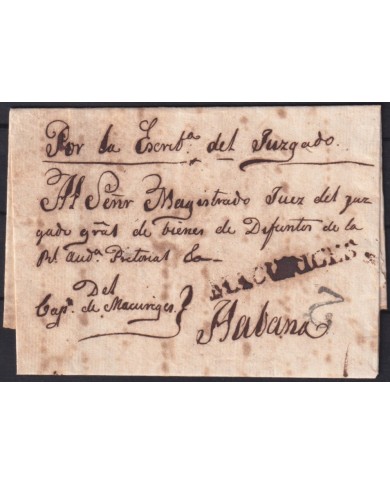 PREFI-804 CUBA SPAIN (CIRCA 1840) MACURIGES RARE LINE POSTMARK TO HAVANA.