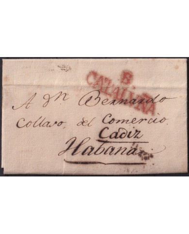 PREFI-805 ESPAÑA SPAIN 1833 STAMPLESS TO CUBA CATALUÑA POSTMARK MARITIME MAIL “E”.