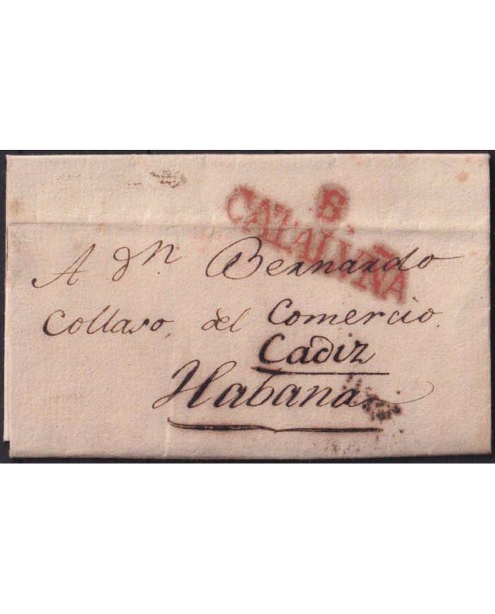 PREFI-805 ESPAÑA SPAIN 1833 STAMPLESS TO CUBA CATALUÑA POSTMARK MARITIME MAIL “E”.