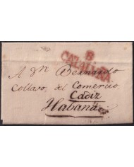 PREFI-805 ESPAÑA SPAIN 1833 STAMPLESS TO CUBA CATALUÑA POSTMARK MARITIME MAIL “E”.