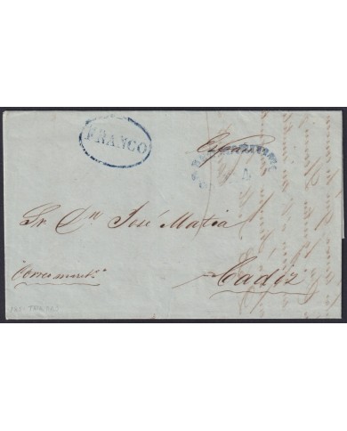 PREFI-814 CUBA SPAIN 1851 STAMPLESS MARITIME MAIL Nº4 BLUE. TRINIDAD TO CADIZ.