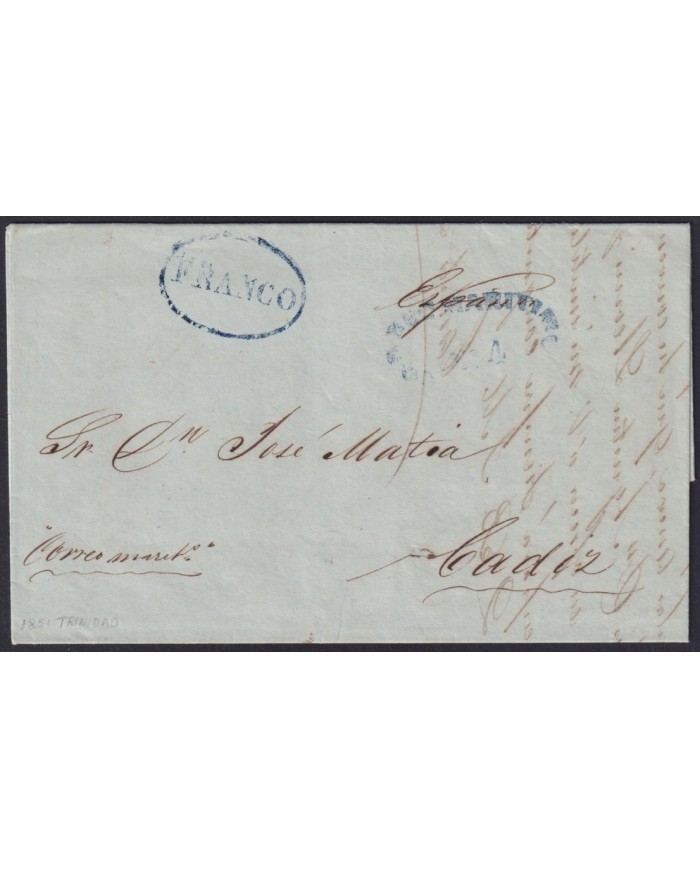 PREFI-814 CUBA SPAIN 1851 STAMPLESS MARITIME MAIL Nº4 BLUE. TRINIDAD TO CADIZ.